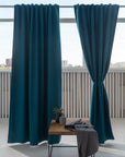 Dark Sea Blue linen curtain with blackout, tape - Linen Couture