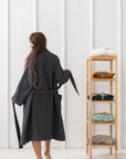 Grey linen waffle robe - Linen Couture