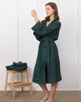 Greyish Green linen waffle robe - Linen Couture
