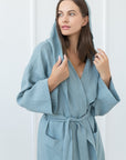 Greyish Mint linen robe with hoodie - Linen Couture