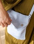 Ice Blue Linen Shoulder Bag with Coconut Buttons and Adjustable Strap - Linen Couture