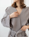 Light grey linen waffle robe with hoodie - Linen Couture
