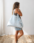 Linen beach bag with pocket and zipper in Baby Blue - Linen Couture