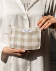 Natural and White check linen cosmetic bag - Linen Couture
