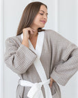 Natural and White linen waffle robe two tones - Linen Couture