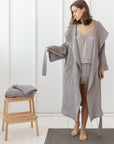 Natural linen waffle robe with hoodie - Linen Couture