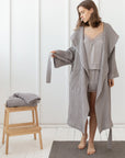 Navy Blue linen waffle robe with hoodie - Linen Couture