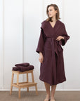 Plum linen waffle robe with hoodie - Linen Couture