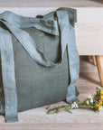 Safari Green and Greyish Mint linen canvas bag with two tones - Linen Couture Boutique