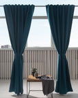 Dark Sea Blue linen curtain with blackout, tape - Linen Couture