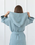 Greyish Mint linen robe with hoodie - Linen Couture