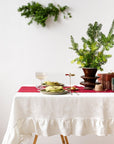 Handmade White Linen Christmas Tablecloth with Ruffles - Linen Couture
