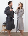 Light grey linen waffle robe with hoodie - Linen Couture