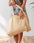 Linen beach bag with pocket and zipper in Canary Yellow - Linen Couture