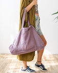 Linen beach bag with pocket and zipper in Pastel Plum - Linen Couture