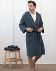 Plum linen waffle robe with hoodie - Linen Couture