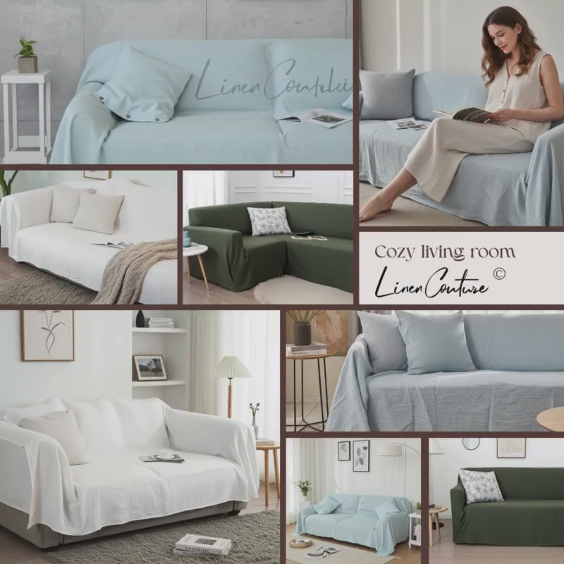 Handmade Moss Green Linen Couch Cover: Custom Sofa Slipcover