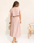 Taormina Pale Pink Linen Crop Top and Midi Skirt Co Ord Set - Linen Couture